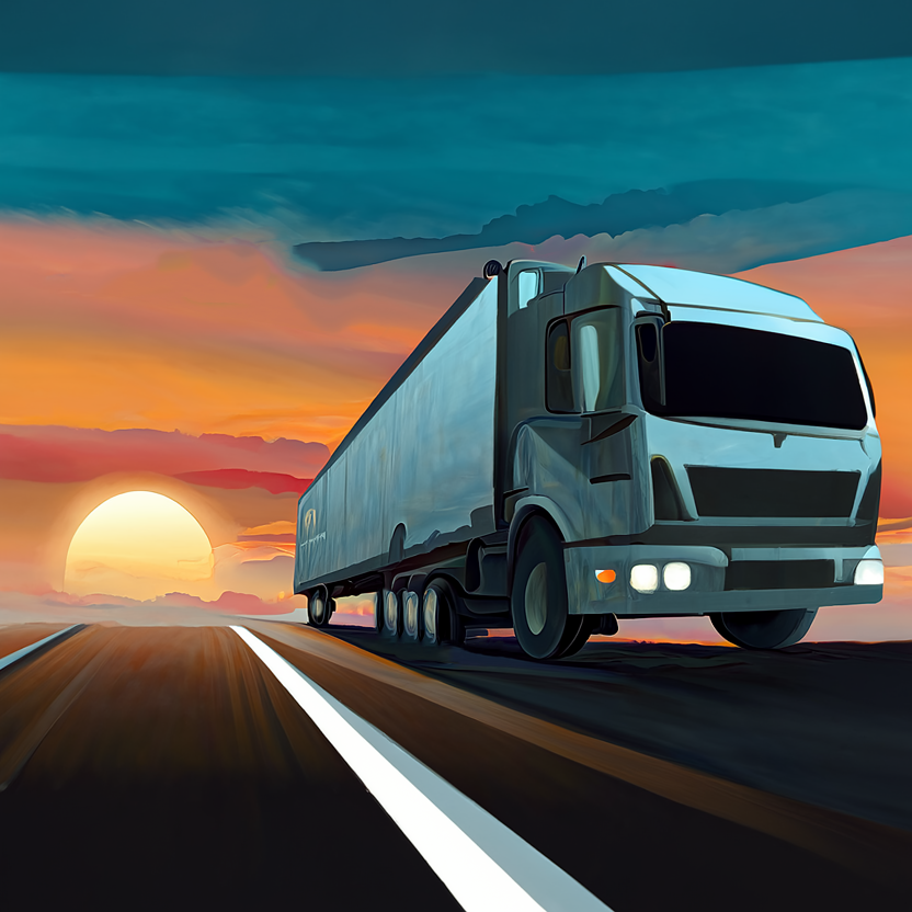 a truck driving on the road, on a sunset, digital art